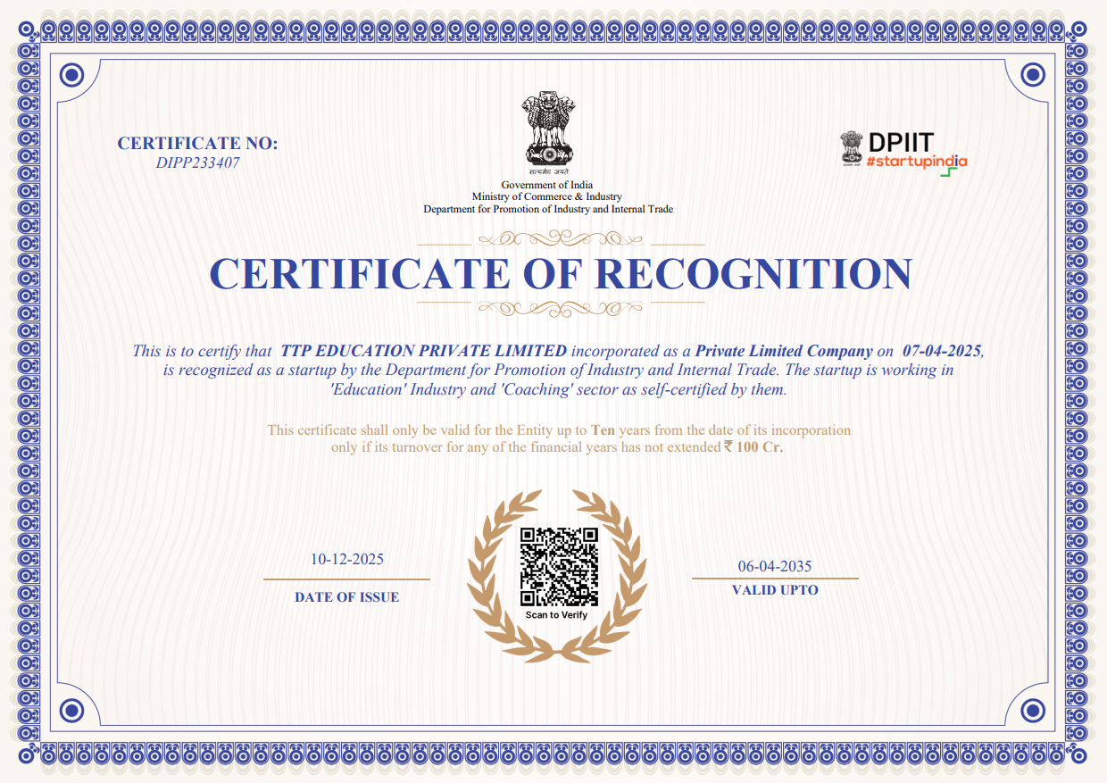 The Top Percentile – Recognised by Startup India Certificate